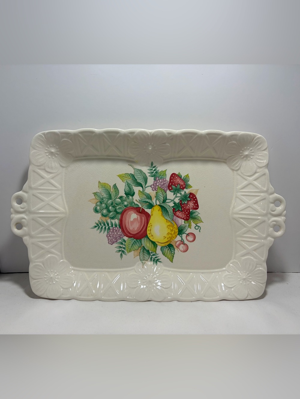 Fitz and Floyd Cream Ceramic Serving Platter with Colorful Fruit Bouquet